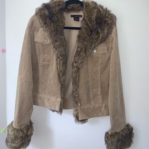 Tan Corduroy Jacket with Faux Fur